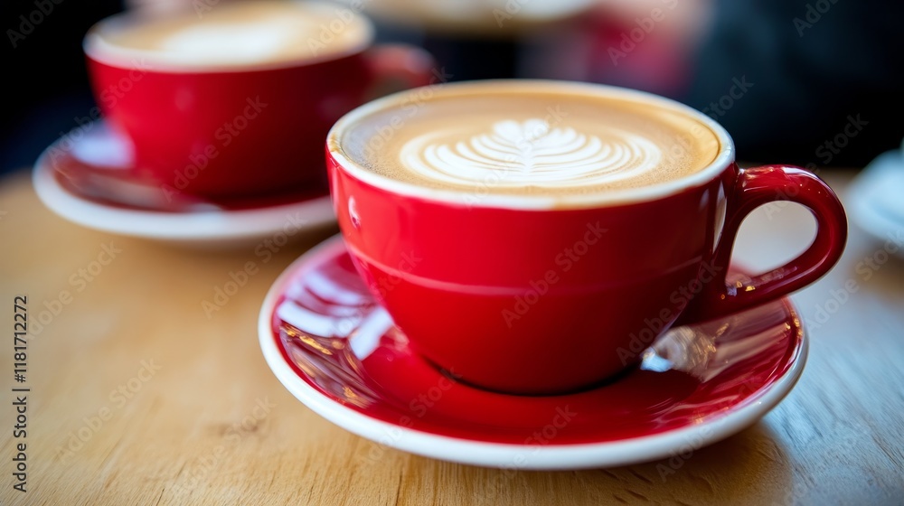 Two red cups of coffee with latte art on a wooden table. Two red cups of coffee with latte art on a wooden table.