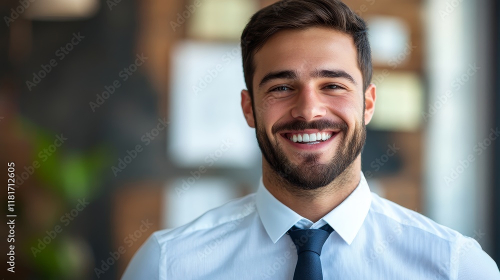 Naklejka premium A smiling man in a professional setting, conveying confidence and approachability.