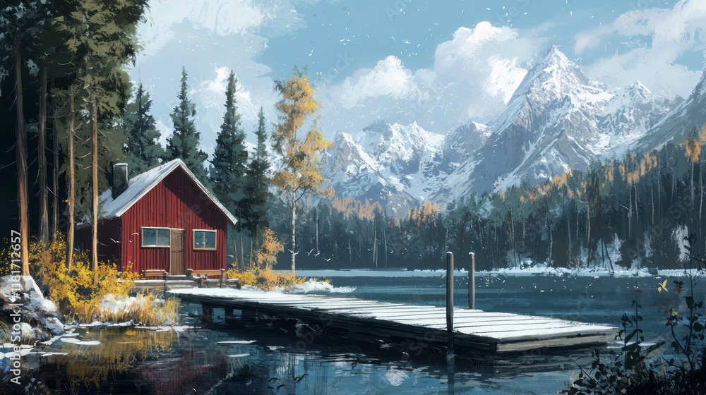 Fototapeta premium Scenic red cabin on forested lakeside with snowy mountain in autumn