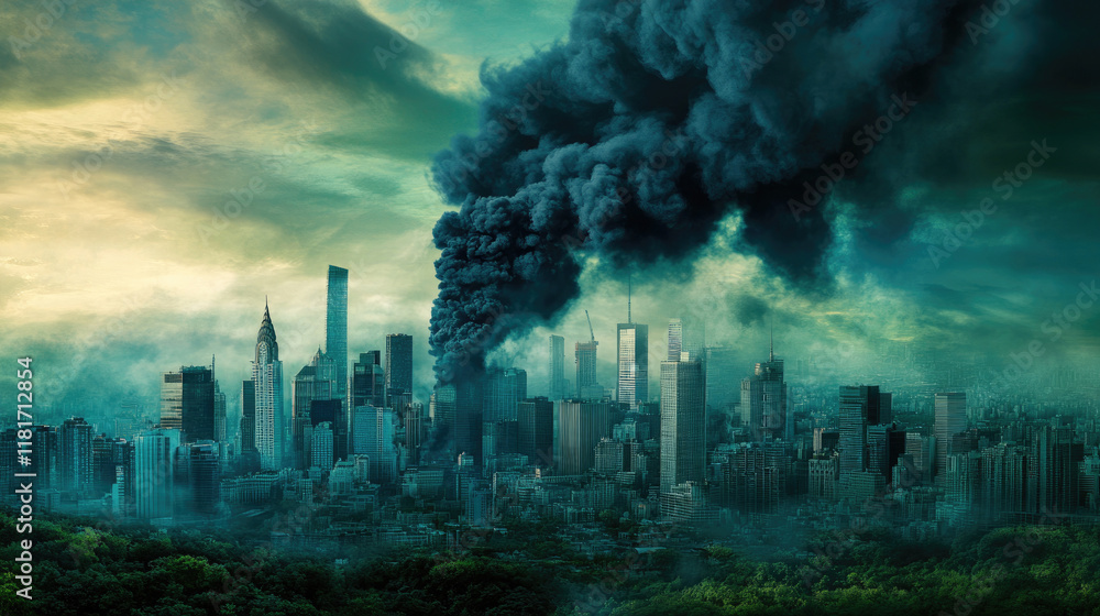 Thick black smoke rises dramatically from burning structures in a city on a stormy evening. The skyline is obscured beneath the haze, creating an ominous atmosphere. Thick black smoke rises dramatically from burning structures in a city on a stormy evening. The skyline is obscured beneath the haze, creating an ominous atmosphere.