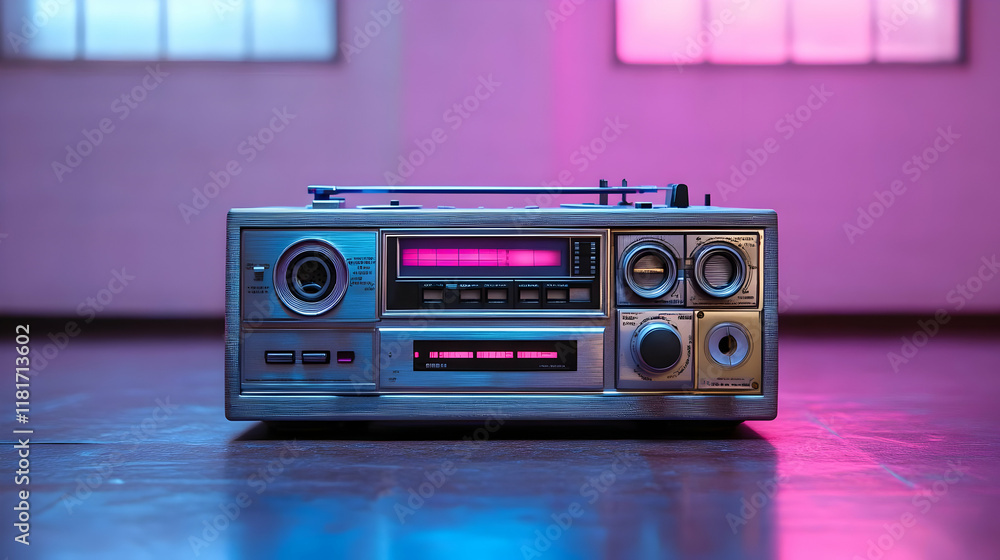 Fototapeta premium Retro Boombox Plays Music Under Neon Lights Vividly