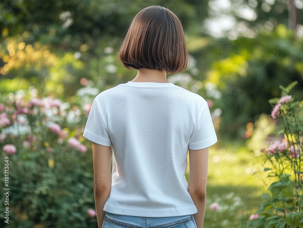 Fototapeta premium A serene mockup of a white woman in a white t-shirt, surrounded by lush plants. The natural atmosphere emphasizes the clean and modern style of the garment.