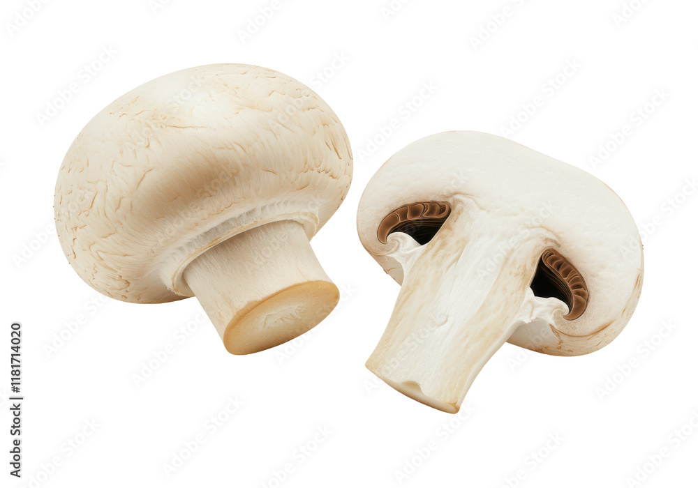 Two fresh mushrooms champignons, one whole and the other cut in half isolated on white background Two fresh mushrooms champignons, one whole and the other cut in half isolated on white background