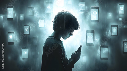 Wallpaper Mural Youth Navigates Digital World: Smartphone, Mobile, Tech, Addiction, Internet, Social Media, Online, Screen Time, Connection, Communication Torontodigital.ca