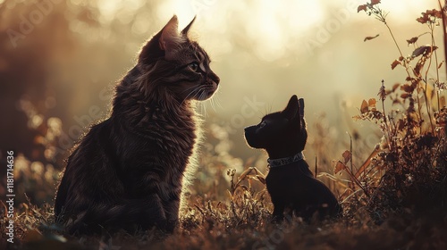 A cat and a dog sit together in a serene, sunlit setting, showcasing a moment of friendship amidst nature.