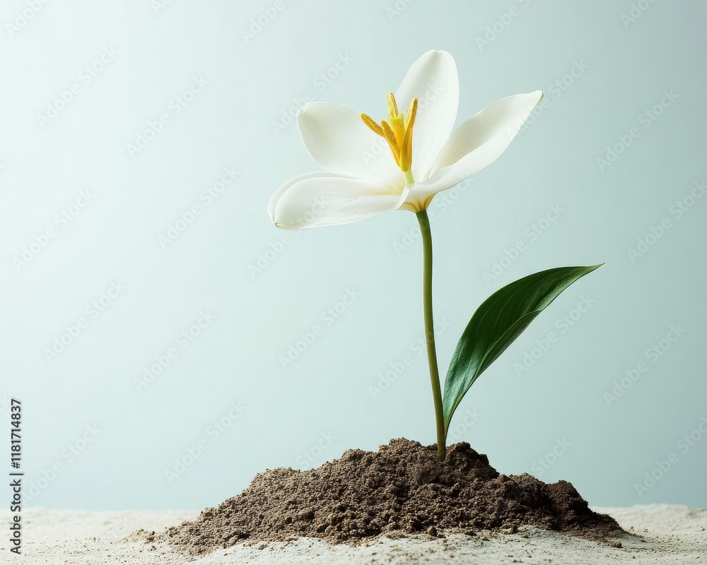A single white flower blossoms from rich soil, symbolizing growth and renewal. A single white flower blossoms from rich soil, symbolizing growth and renewal.