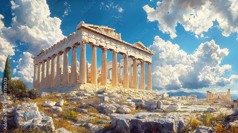 Obraz premium The image depicts an ancient temple with tall columns, surrounded by rocky terrain and a vibrant sky filled with clouds.