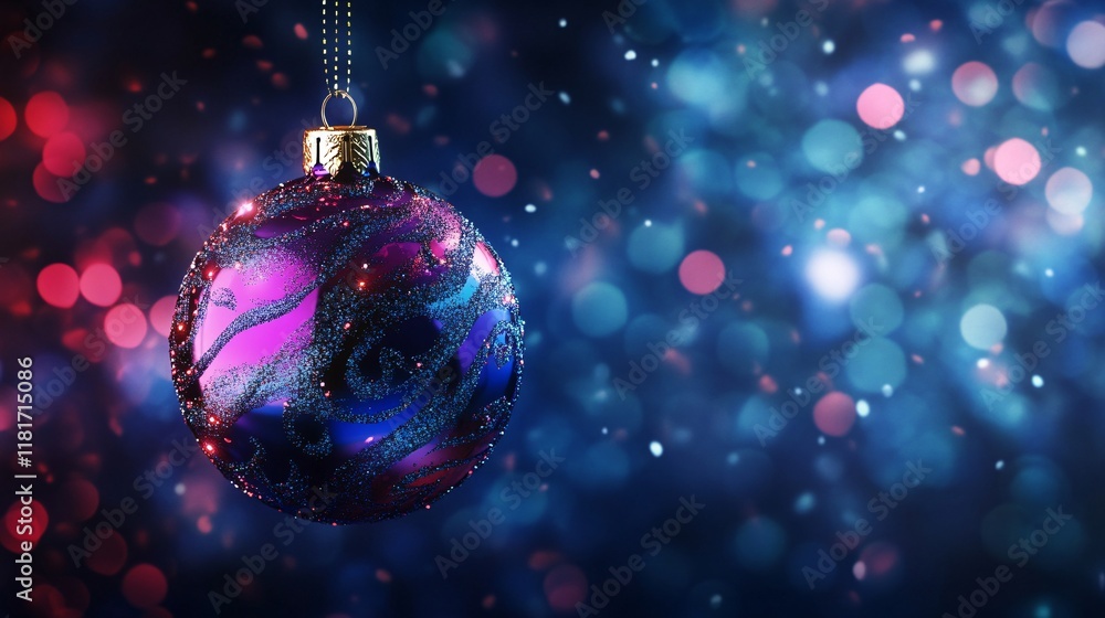 Obraz premium A vibrant Christmas ornament adorned with intricate designs, suspended against a dreamy backdrop of colorful bokeh lights.