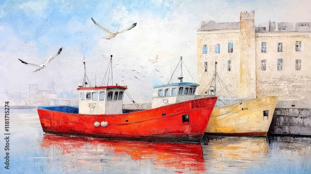 Fototapeta premium Vibrant Fishing Boats Docked Near Historic Building by Serene Waterfront with Gentle Waves and Seagulls