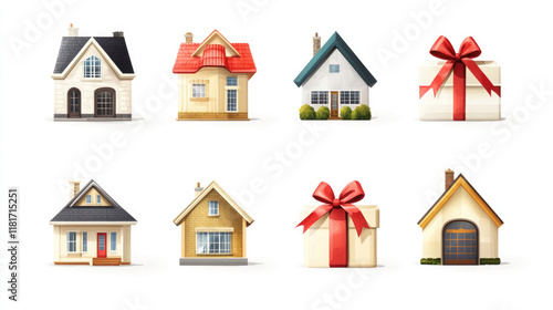 Colorful collection of illustrated houses and gift boxes showcasing different architectural styles and festive themes