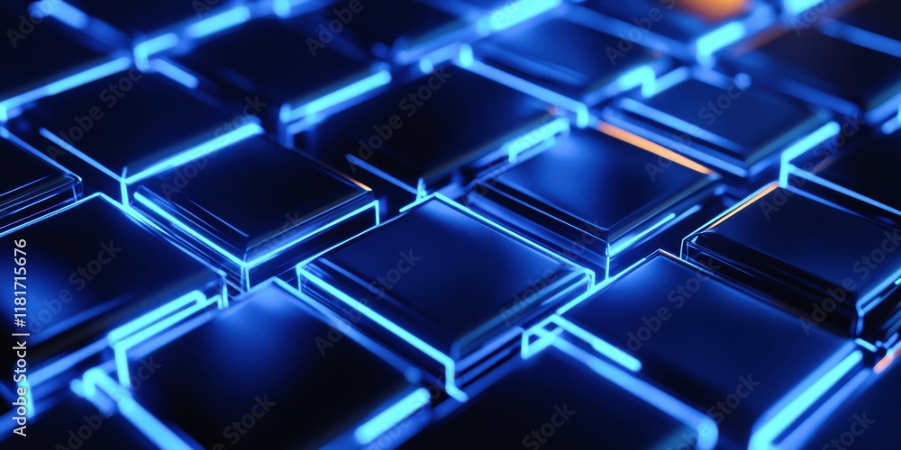 A futuristic grid of dark, reflective square tiles outlined by glowing blue lines, creating a high-tech lattice pattern. The geometric design symbolizes modern structure and organization A futuristic grid of dark, reflective square tiles outlined by glowing blue lines, creating a high-tech lattice pattern. The geometric design symbolizes modern structure and organization
