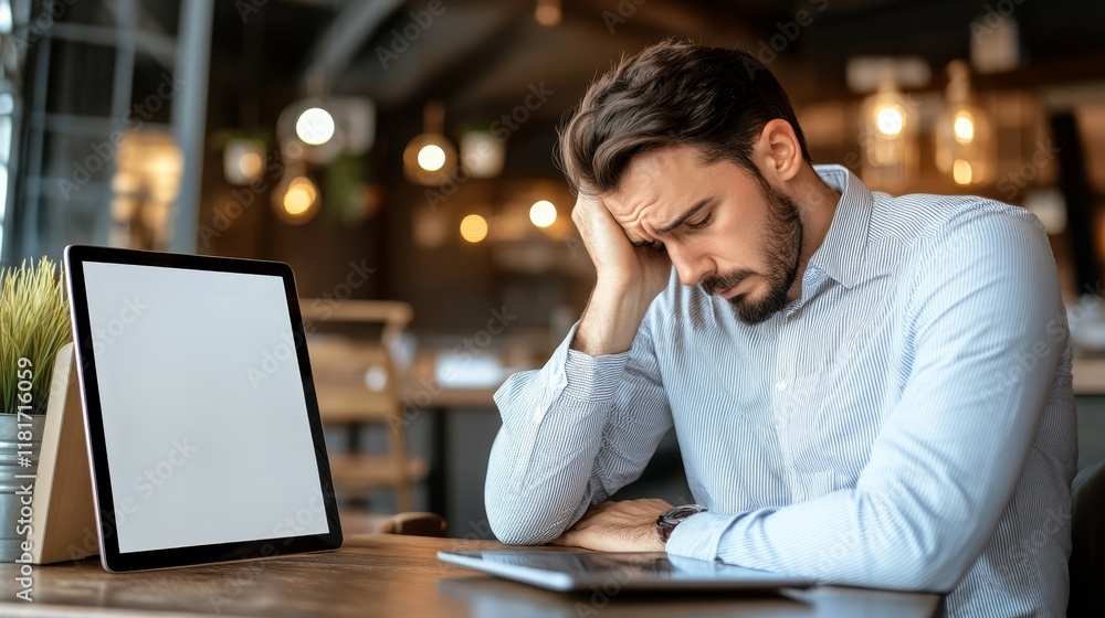 A man looks stressed while working at a cafe, surrounded by digital devices. A man looks stressed while working at a cafe, surrounded by digital devices.