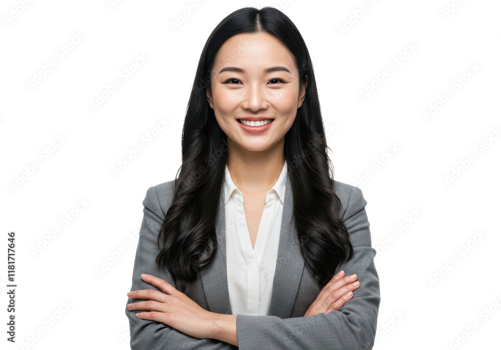 A smiling woman with long black hair wearing a gray blazer and white blouse, standing with arms crossed. The image is isolated on a white background A smiling woman with long black hair wearing a gray blazer and white blouse, standing with arms crossed. The image is isolated on a white background