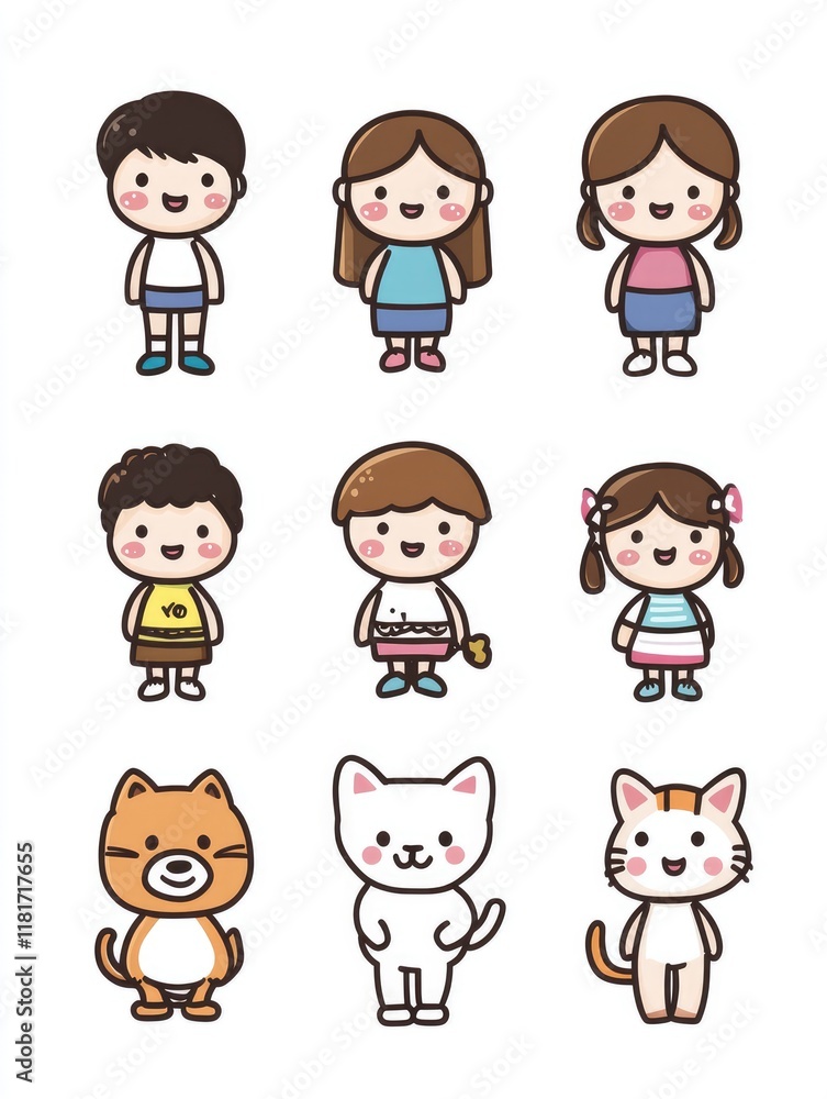 Korean Style Cute Kid Icons in Flat Illustration with Simple Lines on White Background. High Resolution Graphics. Korean Style Cute Kid Icons in Flat Illustration with Simple Lines on White Background. High Resolution Graphics.