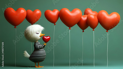 Cute Duck Holds Heart Ballo...