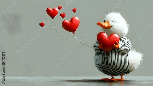 Cute Duck Holds Heart, Ball...