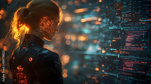 Woman Views Code Data Strea...