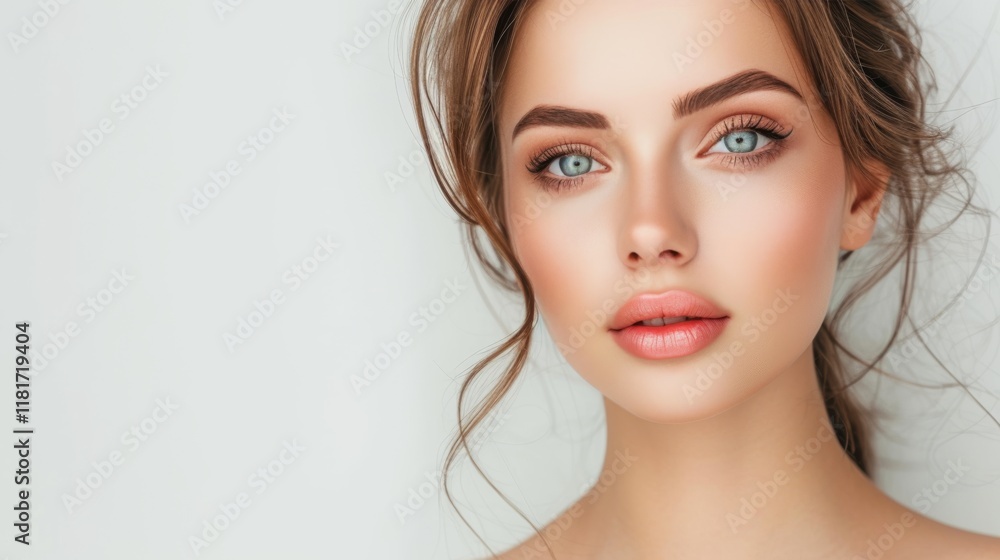 Close-up of a young woman with defined brows, bright blue eyes, and soft, peach-toned makeup. Her radiant complexion and full lips create a fresh, sophisticated look