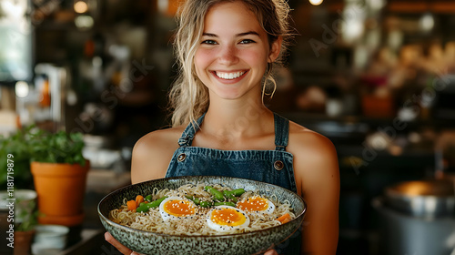 Woman Holds Noodles, Eggs, ...