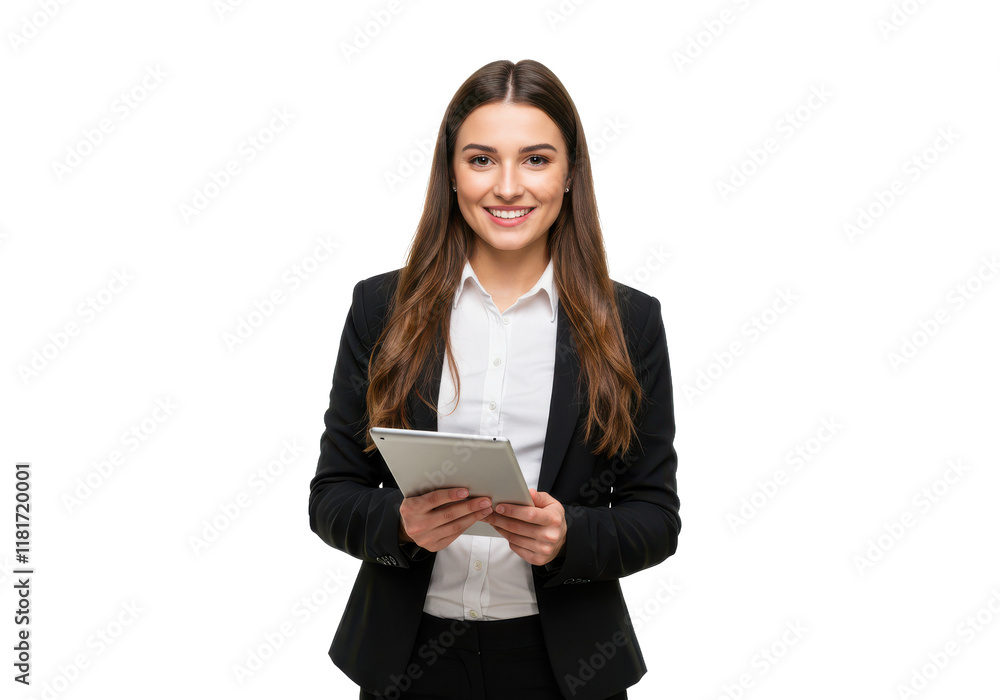 A cheerful woman with long brown hair, wearing a black blazer over a white blouse, holding a tablet and standing A cheerful woman with long brown hair, wearing a black blazer over a white blouse, holding a tablet and standing
