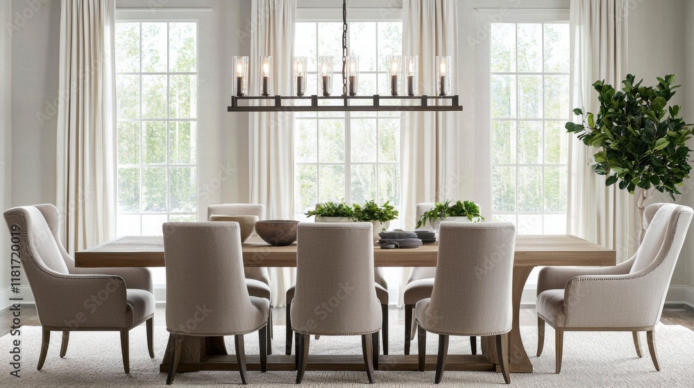 Obraz premium Contemporary dining room with elegant wood table and soft beige chairs