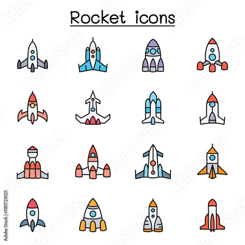Rocket, spaceship, spacecraft icon set in thin line style