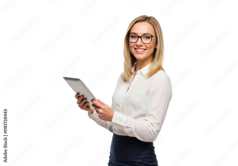 A smiling woman with shoulder-length blonde hair wearing glasses, a white blouse, and a dark skirt, holding a tablet and standing A smiling woman with shoulder-length blonde hair wearing glasses, a white blouse, and a dark skirt, holding a tablet and standing