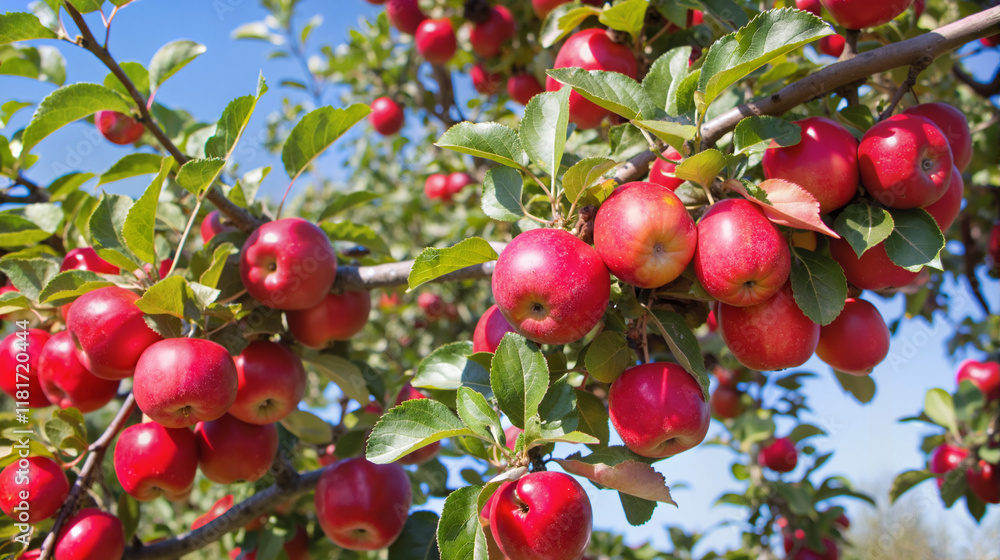 Red apples on tree branches against blue sky Red apples on tree branches against blue sky