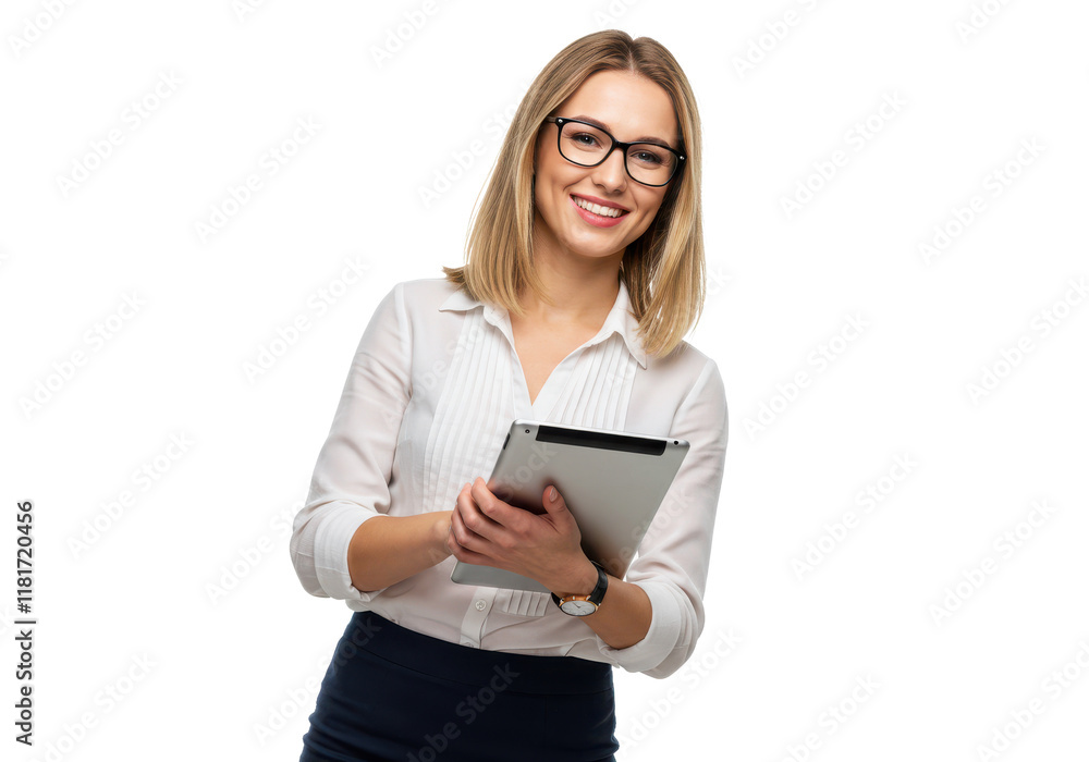 A smiling woman with shoulder-length blonde hair wearing glasses, a white blouse, and a dark skirt, holding a tablet and standing A smiling woman with shoulder-length blonde hair wearing glasses, a white blouse, and a dark skirt, holding a tablet and standing