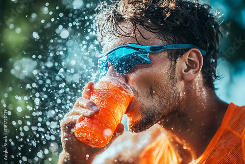 Athlete drinking orange sports drink with refreshing splash outdoors