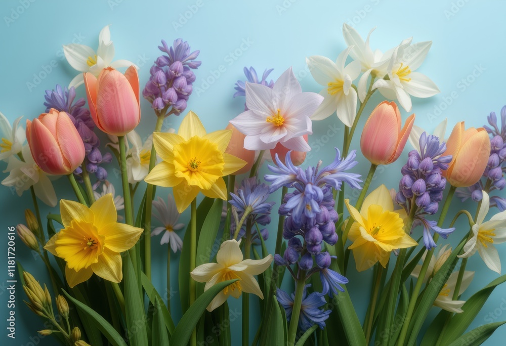 Obraz premium Colorful spring flowers on blue background