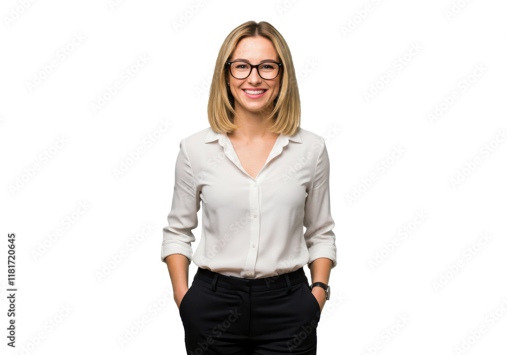 A smiling woman with shoulder-length blonde hair wearing glasses, a white blouse, and black trousers A smiling woman with shoulder-length blonde hair wearing glasses, a white blouse, and black trousers