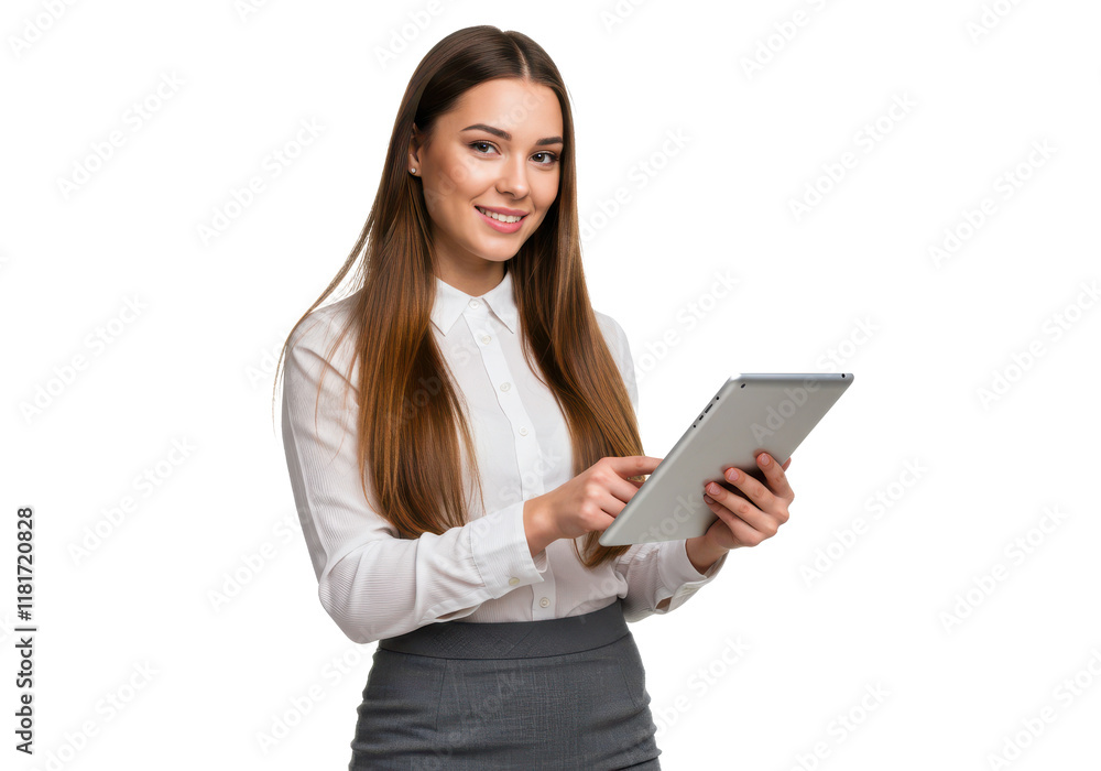 A young woman with long straight brown hair, wearing a white blouse and a gray skirt, holding a tablet and smiling while standing A young woman with long straight brown hair, wearing a white blouse and a gray skirt, holding a tablet and smiling while standing