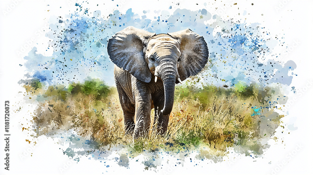 Fototapeta premium cute baby elephant in watercolor style stands in grassy field