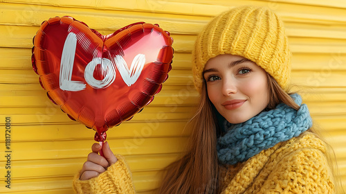 Girl Holds Heart Balloon, E...