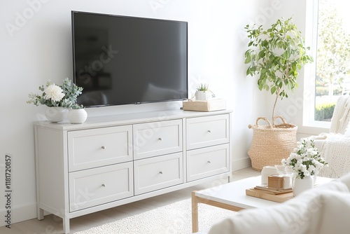 A vibrant bouquet of spring flowers graces a white vase, adding a touch of nature's beauty to the living room decor photo