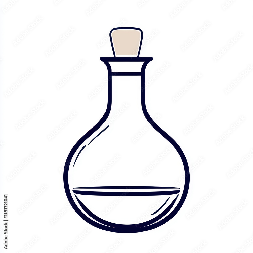 A clear glass laboratory flask with a cork stopper, perfect for scientific experiments. A clear glass laboratory flask with a cork stopper, perfect for scientific experiments.