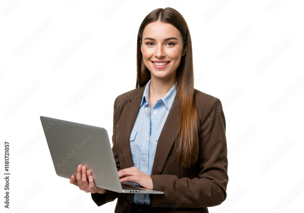 A smiling woman with long straight brown hair, wearing a brown blazer over a light blue shirt, holding a laptop and standing by a large window A smiling woman with long straight brown hair, wearing a brown blazer over a light blue shirt, holding a laptop and standing by a large window