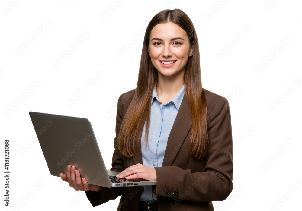 A smiling woman with long straight brown hair, wearing a brown blazer over a light blue shirt, holding a laptop and standing by a large window A smiling woman with long straight brown hair, wearing a brown blazer over a light blue shirt, holding a laptop and standing by a large window