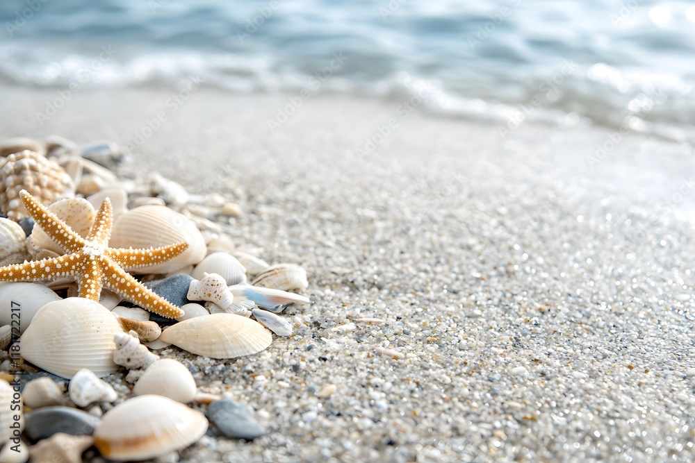 The seashells shimmered on the sand like golden ornaments scattered beneath a wintery Christmas tree, each one a unique and shiny gift from the sea The seashells shimmered on the sand like golden ornaments scattered beneath a wintery Christmas tree, each one a unique and shiny gift from the sea