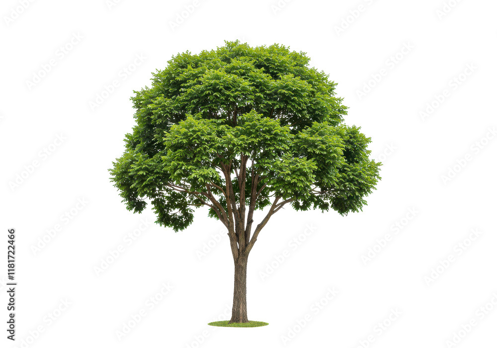 A tall, lush green tree with a well-defined trunk and spreading branches, isolated on a white background A tall, lush green tree with a well-defined trunk and spreading branches, isolated on a white background