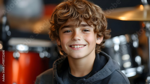 Boy Smiles at Drum Set, Rea...