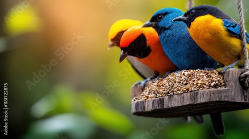 A stunning lineup of colorful birds perched on a feeder showcases their fascinating diversity and beauty. This enchanting view highlights nature's wondrous palette in action. photo