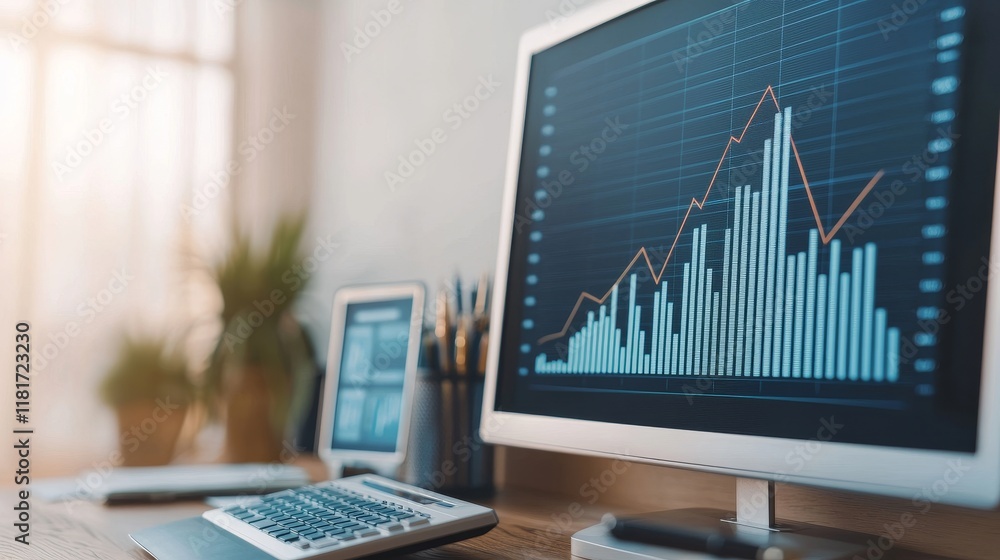 Economic report outlook concept. Modern workspace with financial data displayed on multiple screens. Economic report outlook concept. Modern workspace with financial data displayed on multiple screens.