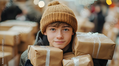 Boy Holds Gifts Wrapped in ...