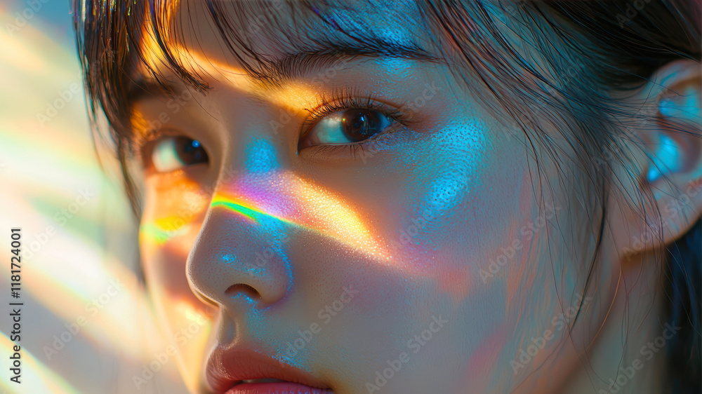 Intricate Play of Holographic Rainbow Light Reflections on a Serene Face Creating a Mesmerizing Visual Experience Intricate Play of Holographic Rainbow Light Reflections on a Serene Face Creating a Mesmerizing Visual Experience