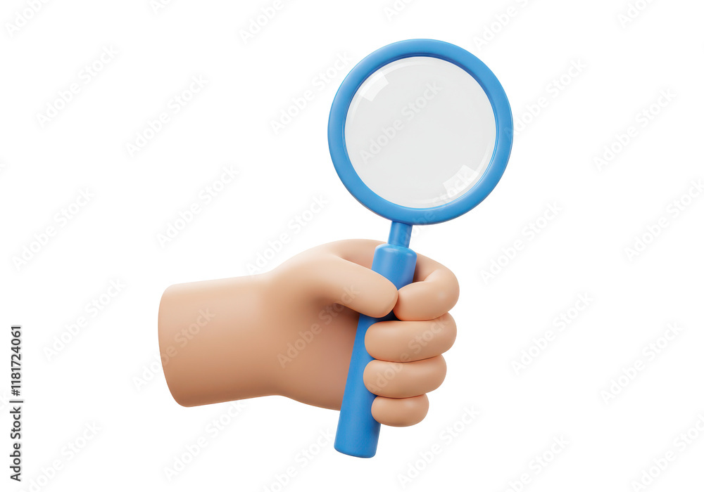 A 3D-rendered hand holding a magnifying glass with a blue handle, isolated on a white background