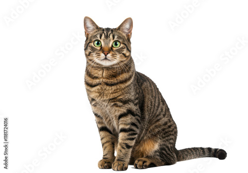 A brown tabby cat sitting upright with alert green eyes, isolated on a white background