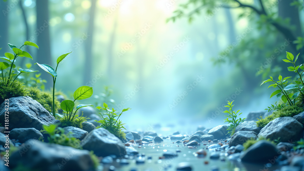 A serene view of lush green plants and smooth stones beside a tranquil stream. A serene view of lush green plants and smooth stones beside a tranquil stream.