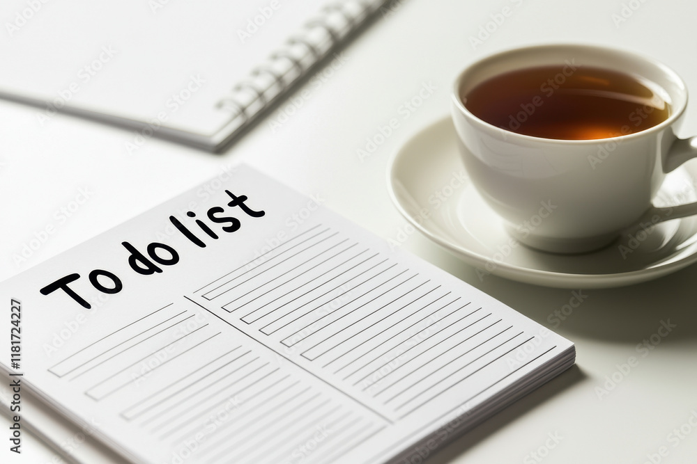 A cup of tea beside a notepad marked 'To do list' for organization and productivity. A cup of tea beside a notepad marked 'To do list' for organization and productivity.